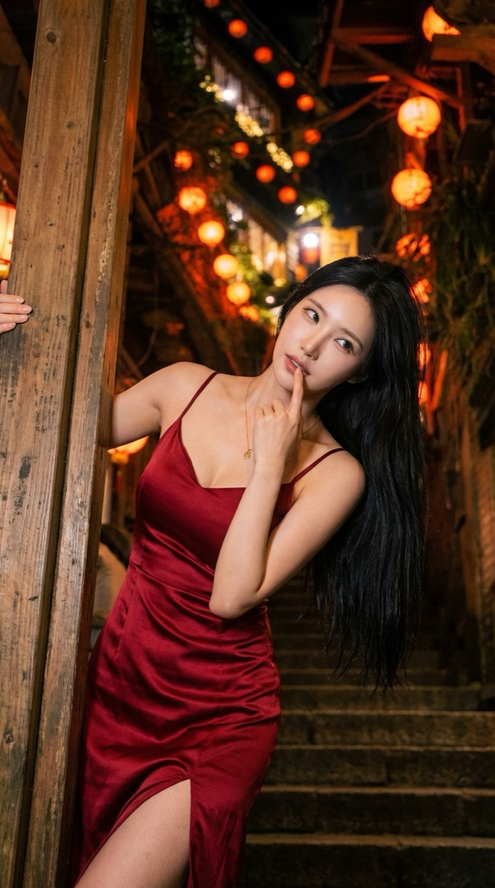 Kira AI 模特：九份紅燈籠夜景紅裙寫真 — 台灣場景