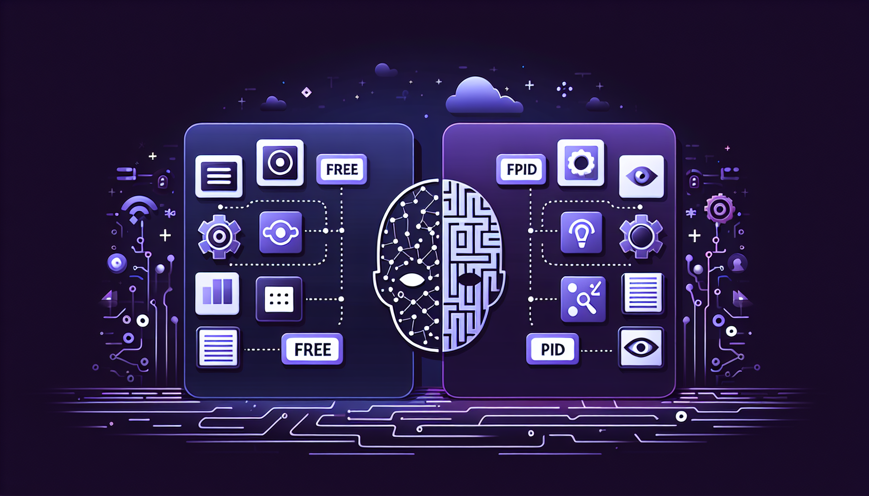 2026 AI tools free vs paid comparison overview with purple tech background and AI software icons